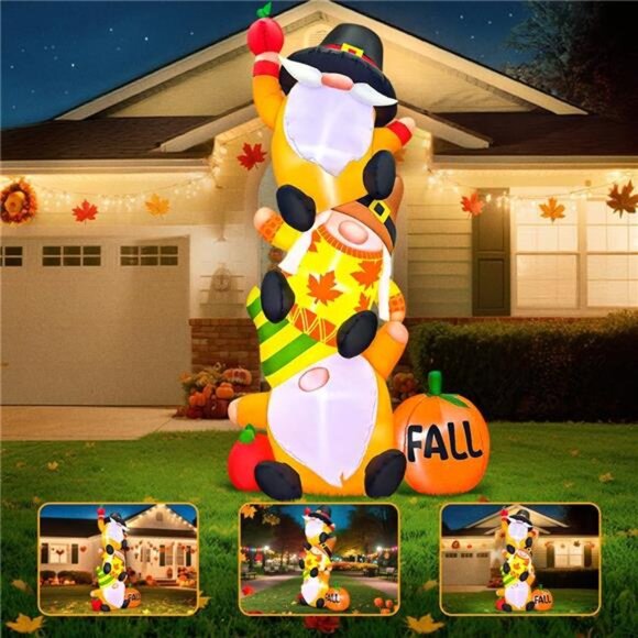 6FT Thanksgiving Inflatables Decorations Blow Up Three Gnomes with Pumpkin - Picture 4 of 7
